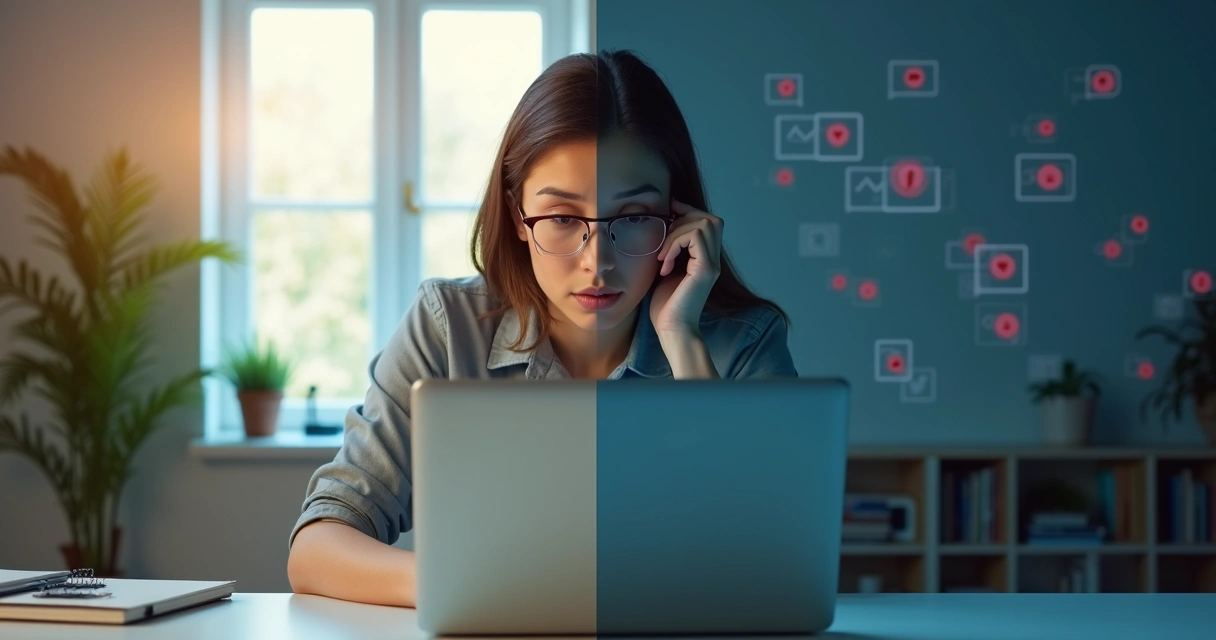 Mulher em frente ao notebook dividida entre calma e estresse em ambiente virtual 