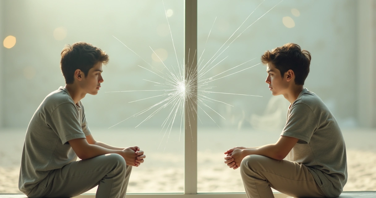 Pessoa refletindo diante de vidro rachado com expressão dividida entre insegurança e confiança 