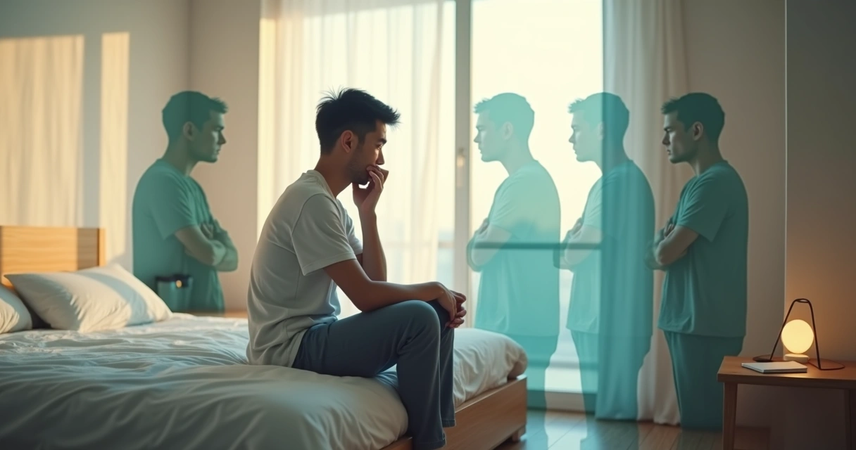 Pessoa em reflexão diante de versões fragmentadas de si mesma 