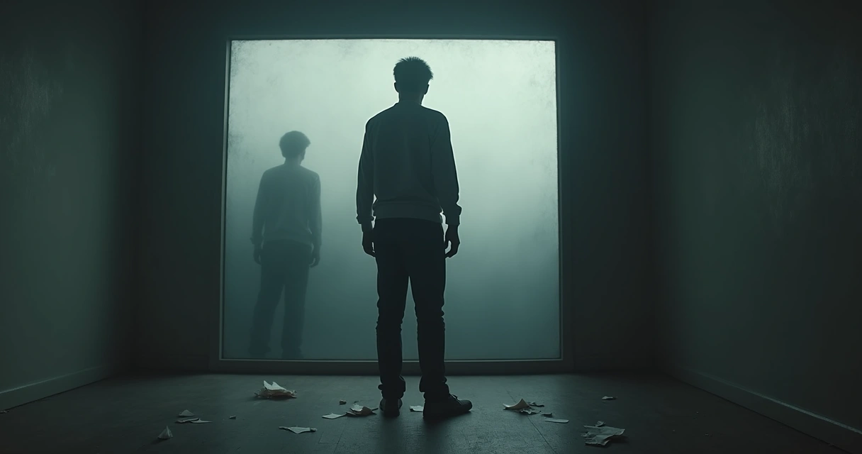 Pessoa encarando o próprio reflexo em um espelho