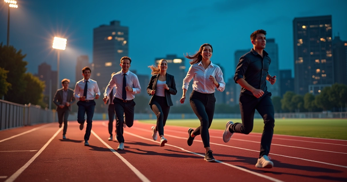 Equipe de trabalho correndo em pista com fitas que prendem seus pés 