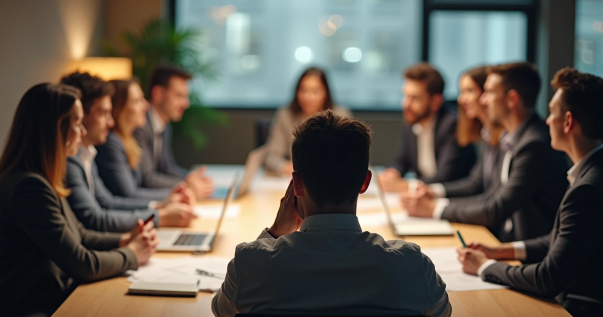 Profissional pensativo em reunião de equipe no escritório