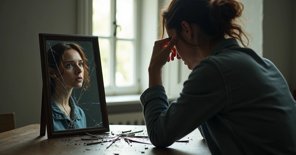 Pessoa olhando seu reflexo em um espelho quebrado, representando autossabotagem 