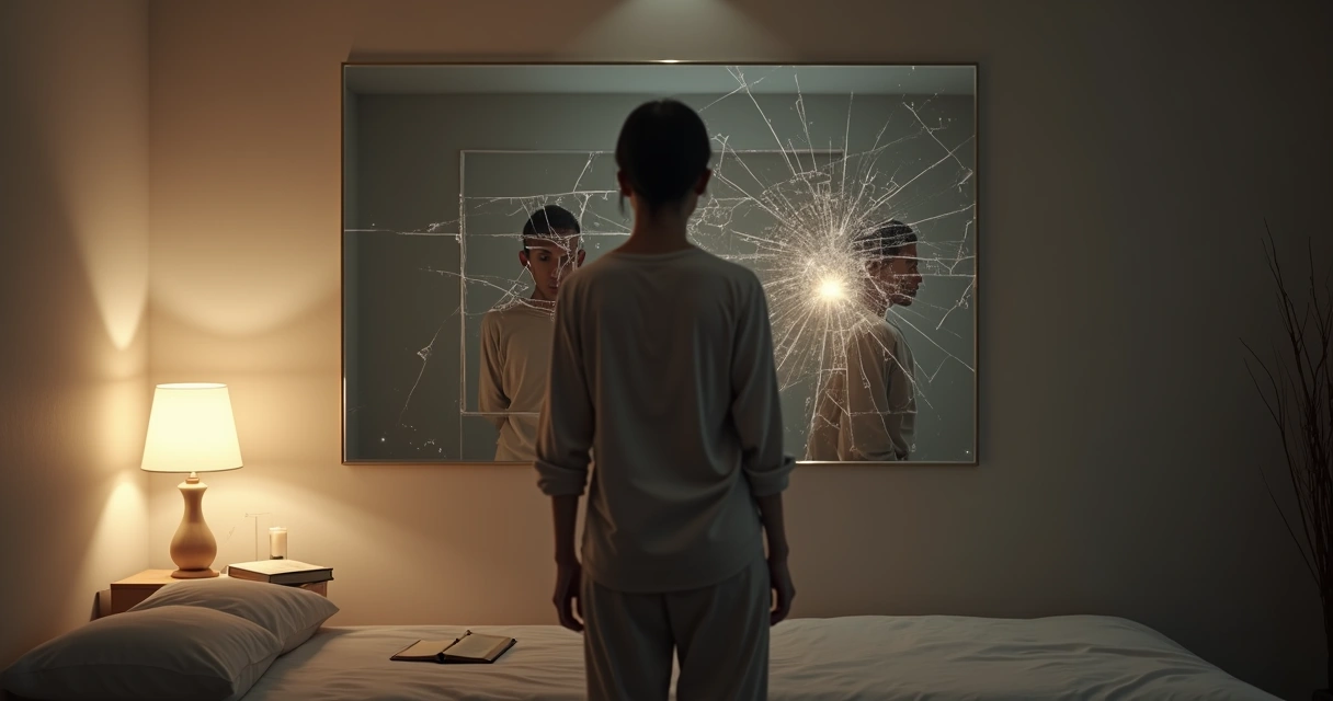 Pessoa em frente a espelho com reflexo fragmentado representando autossabotagem espiritual 