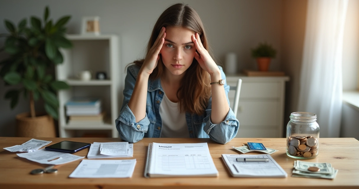 Pessoa refletindo diante de escolhas financeiras opostas em uma mesa 