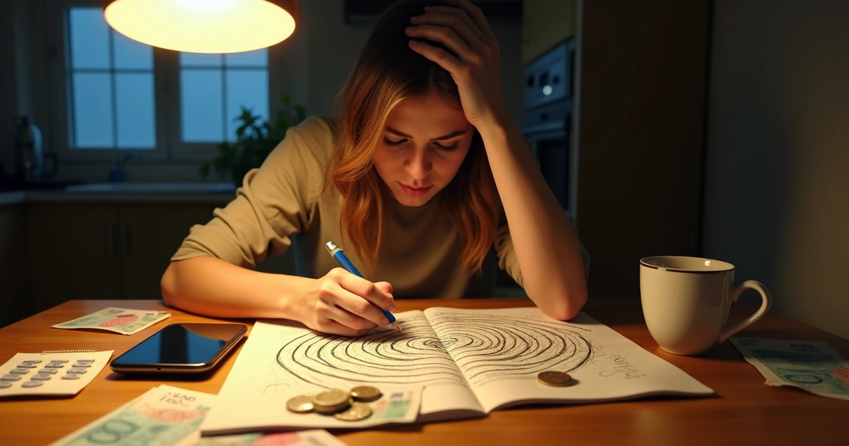 Pessoa em mesa olhando labirinto de dinheiro desenhado em caderno 