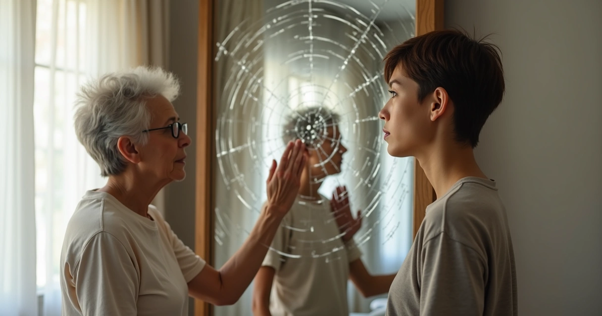 Três gerações de uma família refletindo em um espelho quebrado simbolizando ciclos repetidos 