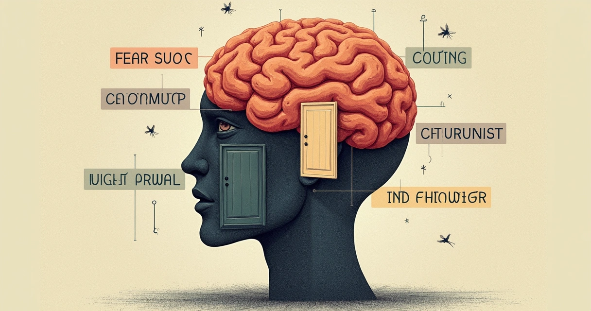 Desenho mostrando cérebro humano com portas fechadas e expressões de dúvida, medo e resistência 