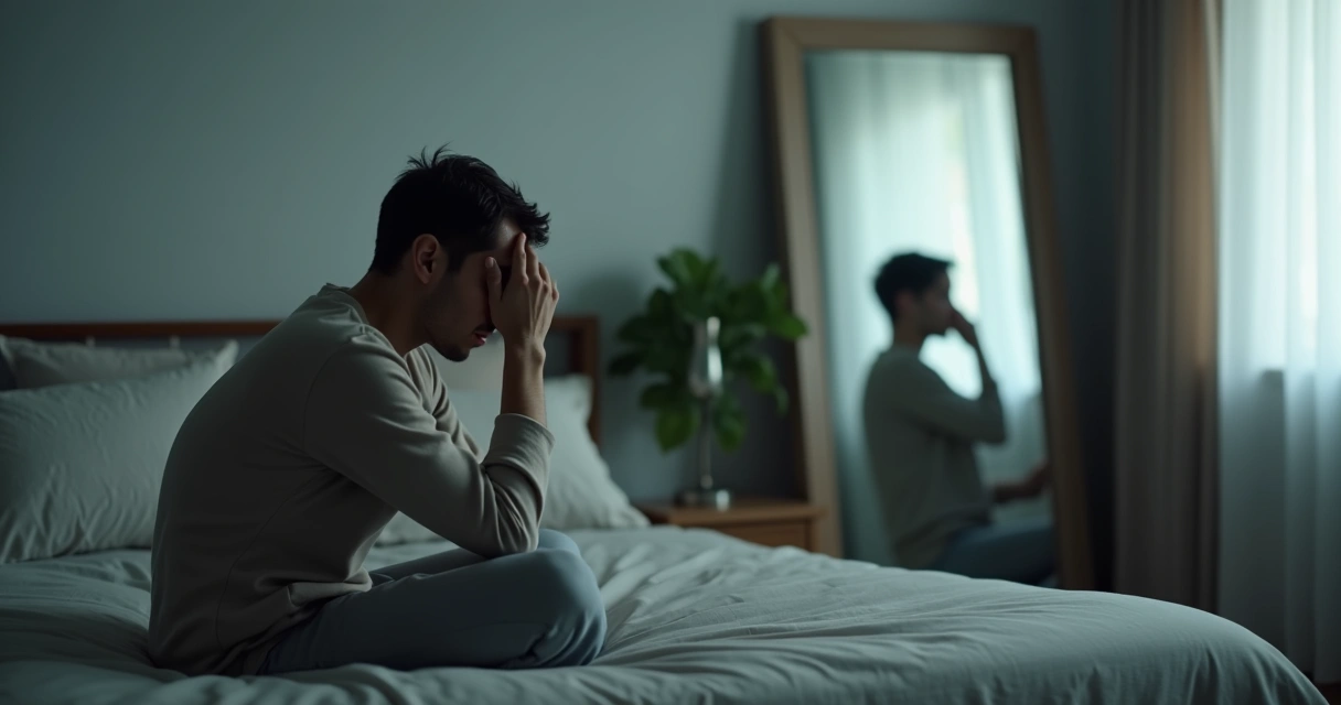 Pessoa olhando para seu próprio reflexo sombreado simbolizando autossabotagem e padrões inconscientes 