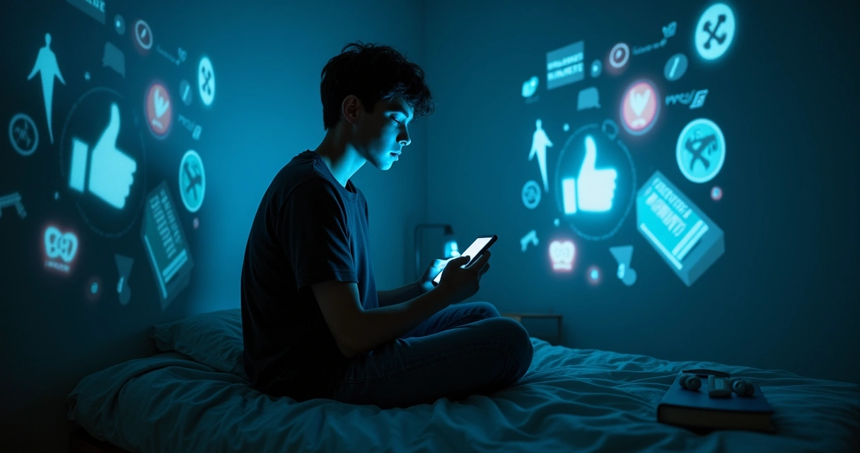 Pessoa sozinha em quarto iluminado pela tela cercada por sombras digitais projetadas na parede 