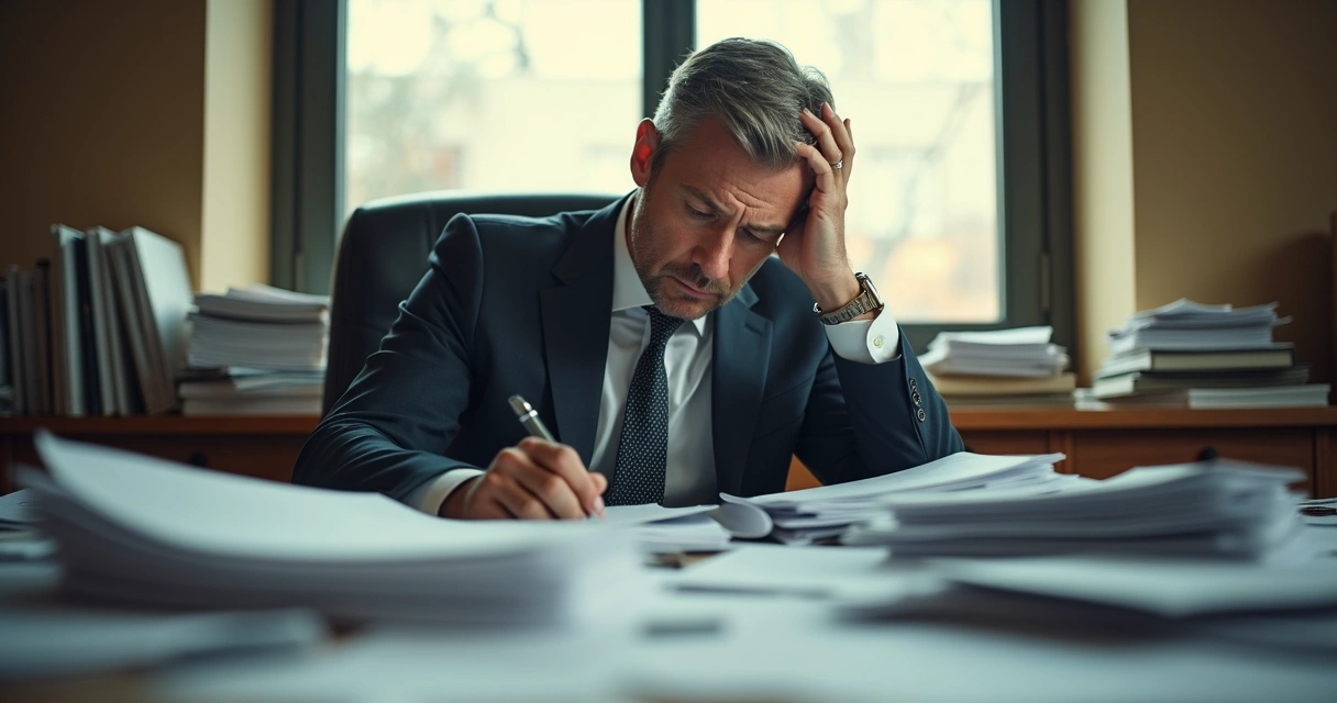 Homem de terno olhando para pilha de papéis na mesa de escritório
