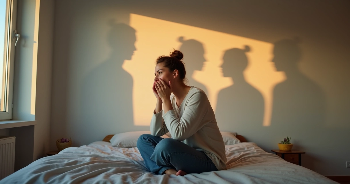 Pessoa sentada pensativa com sombras representando padrões inconscientes ao fundo 