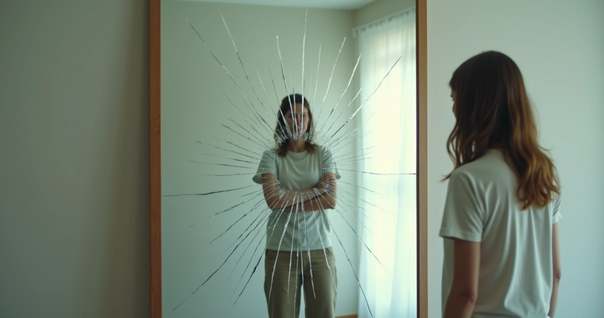 Pessoa em pé diante de um espelho rachado com várias versões de si mesma ao fundo 