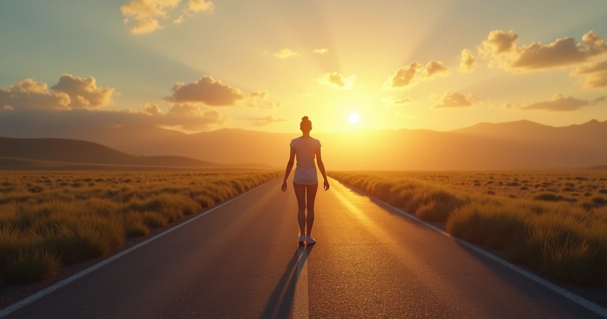 Pessoa parada em bifurcação de estrada com sombra puxando para trás 