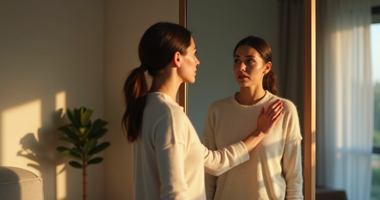 Pessoa em frente ao espelho tocando o próprio reflexo em contraste de luz e sombra 
