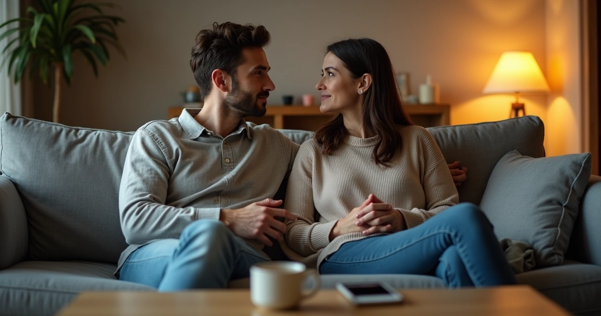 Casal sentado lado a lado em um sofá, fisicamente próximo mas emocionalmente distante 