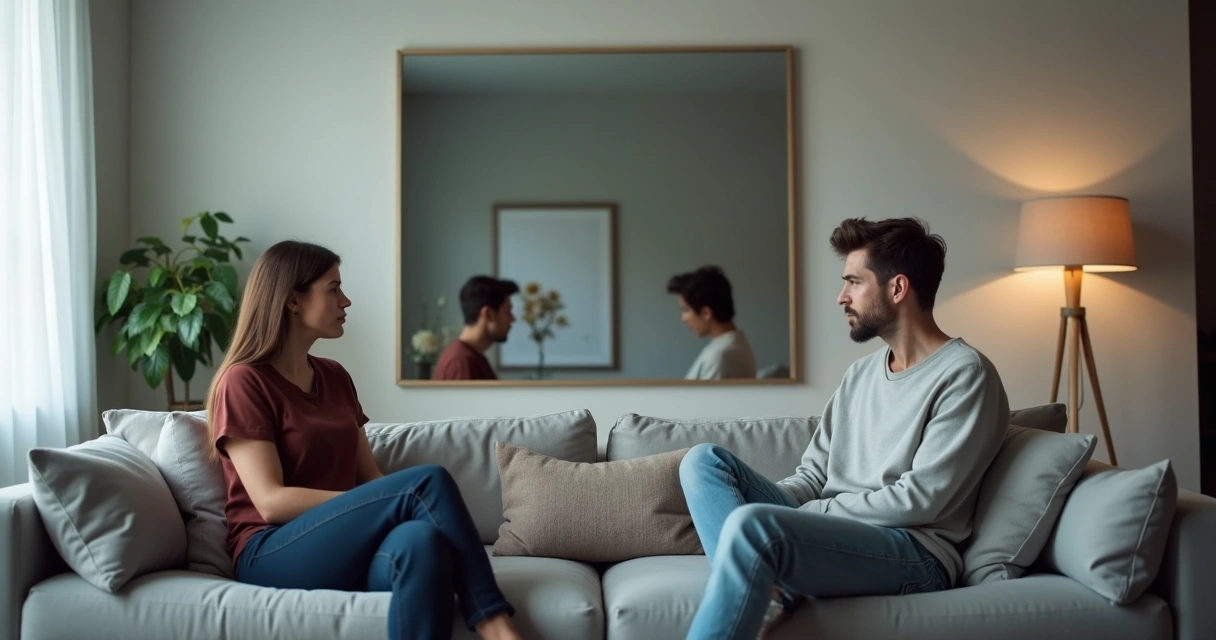 Casal sentado afastado em um sofá com o próprio reflexo distorcido em um espelho ao fundo 