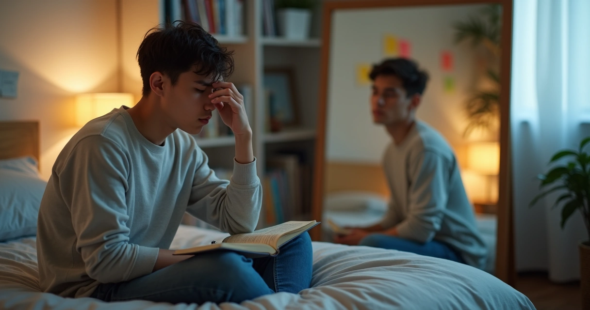 Pessoa refletindo diante de um espelho com versão confiante de si mesma ao fundo 