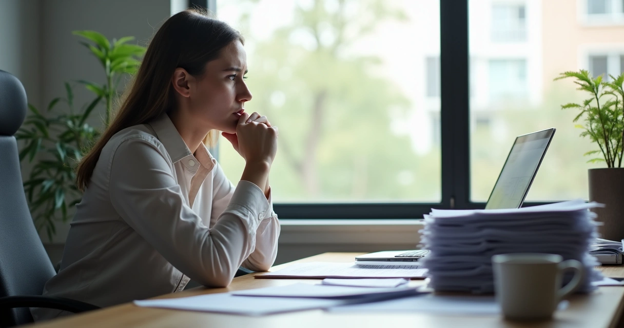 Pessoa olhando janela de escritório, postura de dúvida, diante de papelada 