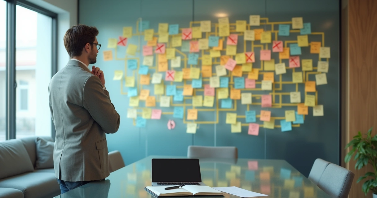 Profissional olhando para labirinto de post-its coloridos em parede de escritório 