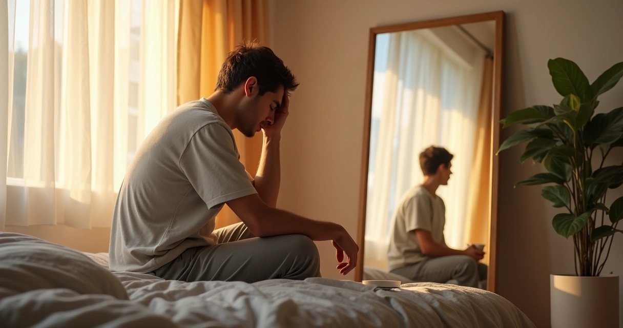 Pessoa refletindo diante do espelho com versão confiante de si mesma ao fundo 