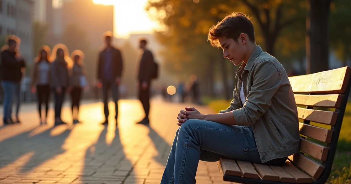 Pessoa dividida entre conexão social e autossabotagem em ambiente urbano 