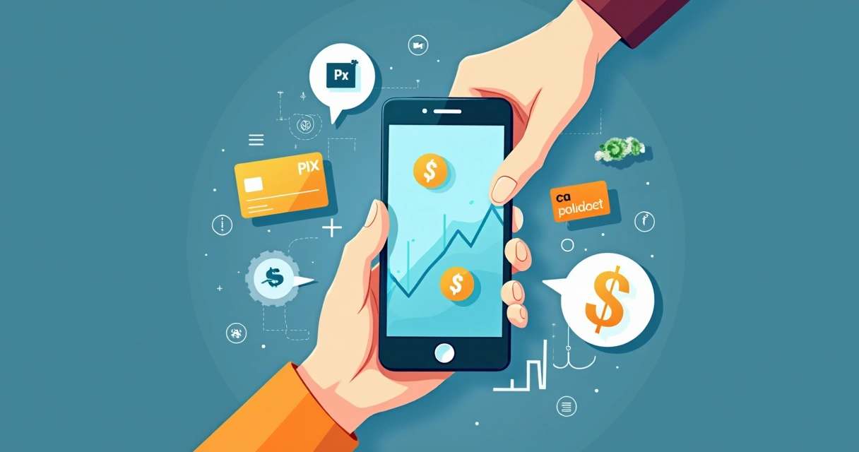 Pagamentos digitais em tela de celular com ícones de transações financeiras. 