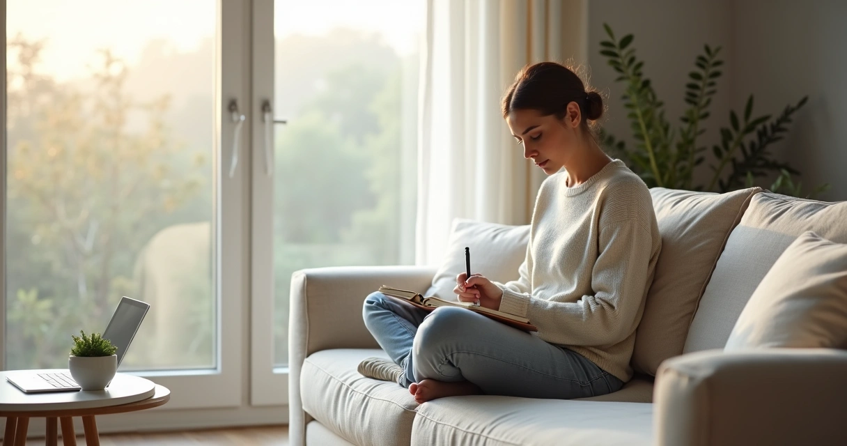Pessoa sentada perto da janela em postura serena, refletindo em um caderno 