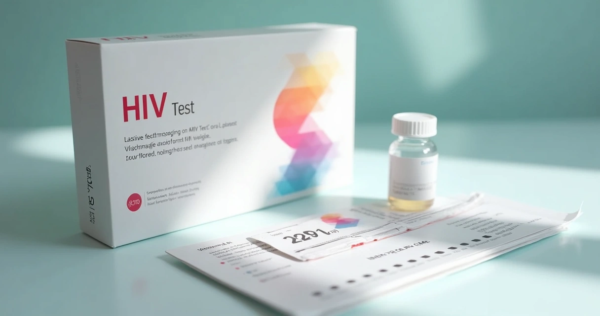 Kit de autoteste de HIV sobre uma mesa limpa com instruções ao lado. 