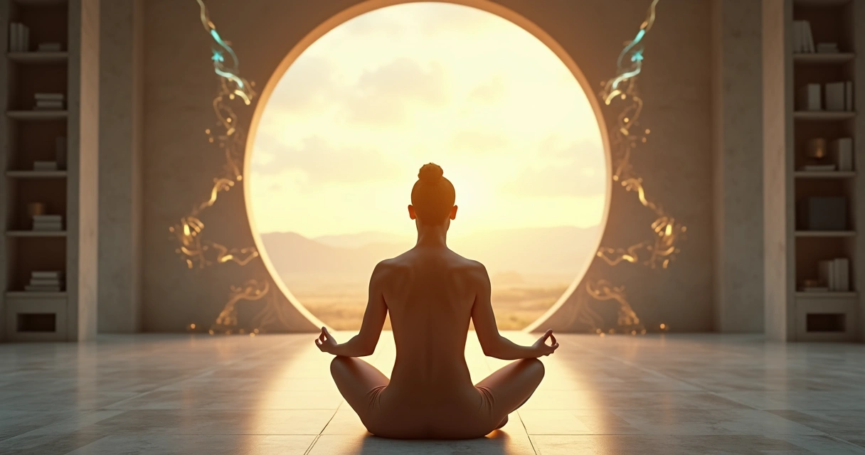 Pessoa em meditação diante de um portal de luz representando autotransformação consciente 