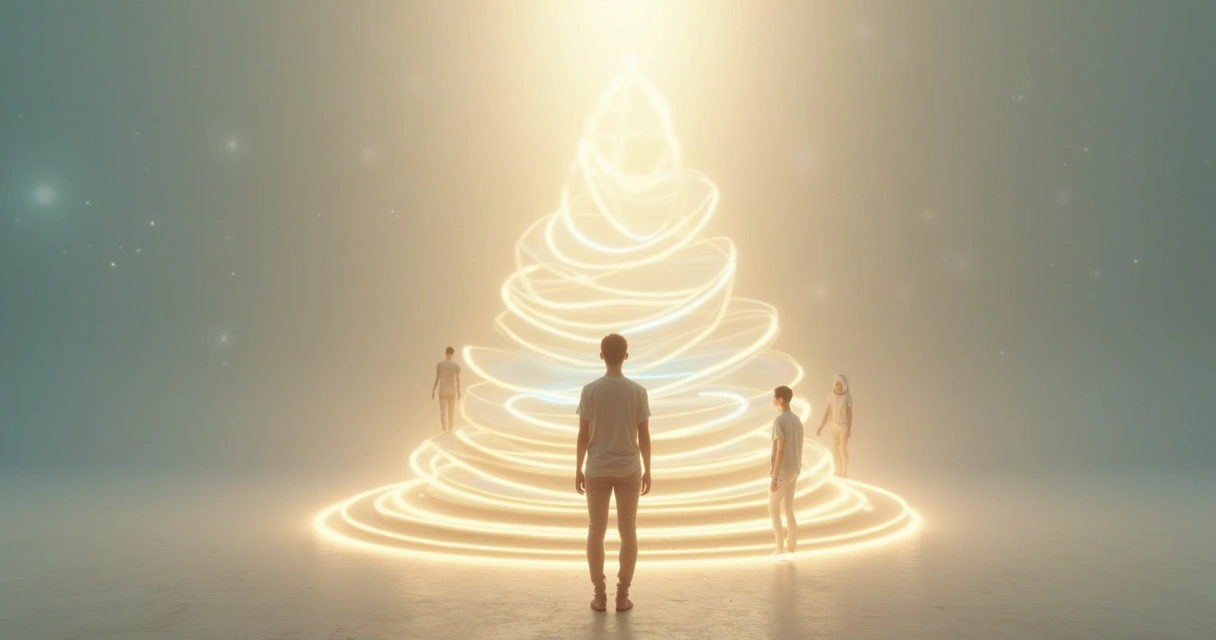 Pessoa caminhando em espiral de luz revisitando seus próprios padrões internos 