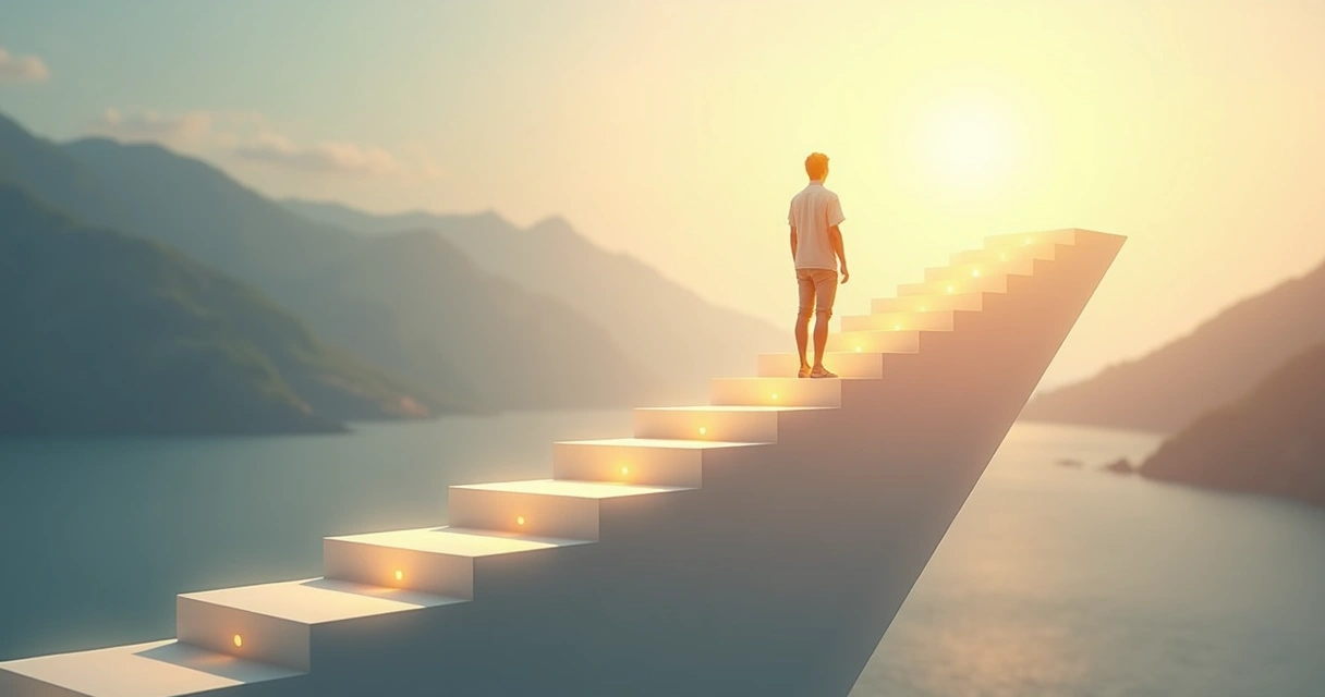Persona subiendo escalones de luz hacia un horizonte luminoso 