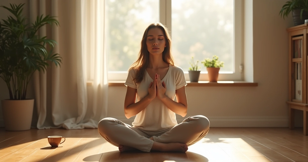 Pessoa sentada sozinha realizando autotratamento de reiki, mãos no peito, ambiente iluminado pela manhã 