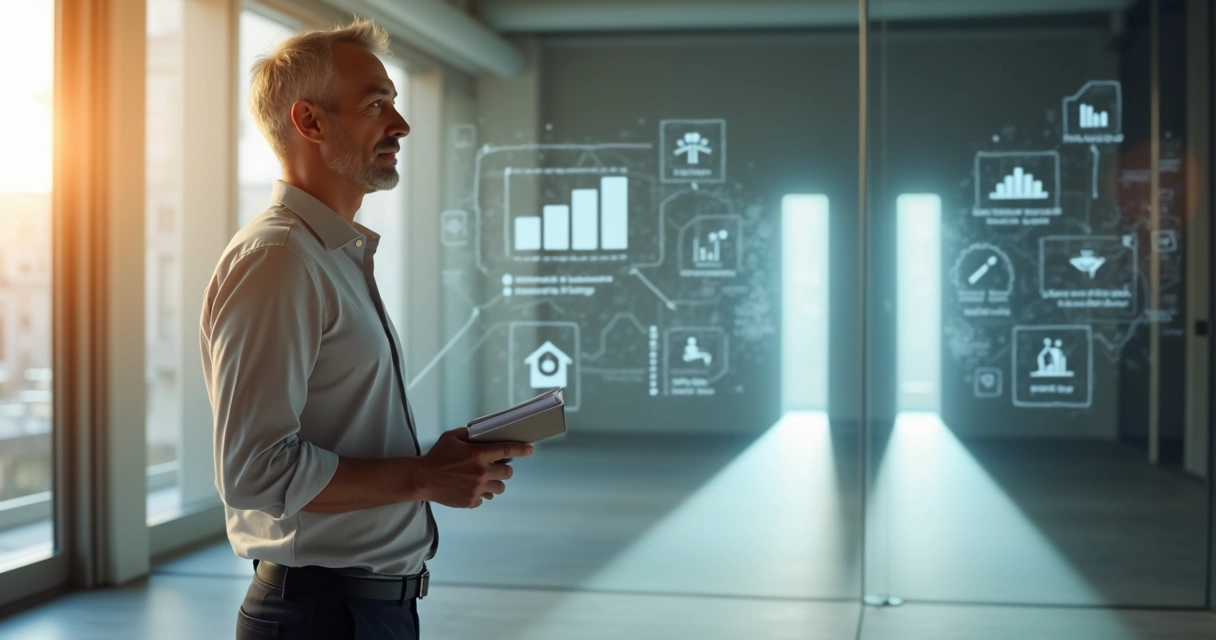 Profesional frente a dos caminos laborales eligiendo con seguridad apoyado en gráficos de autovaloración 