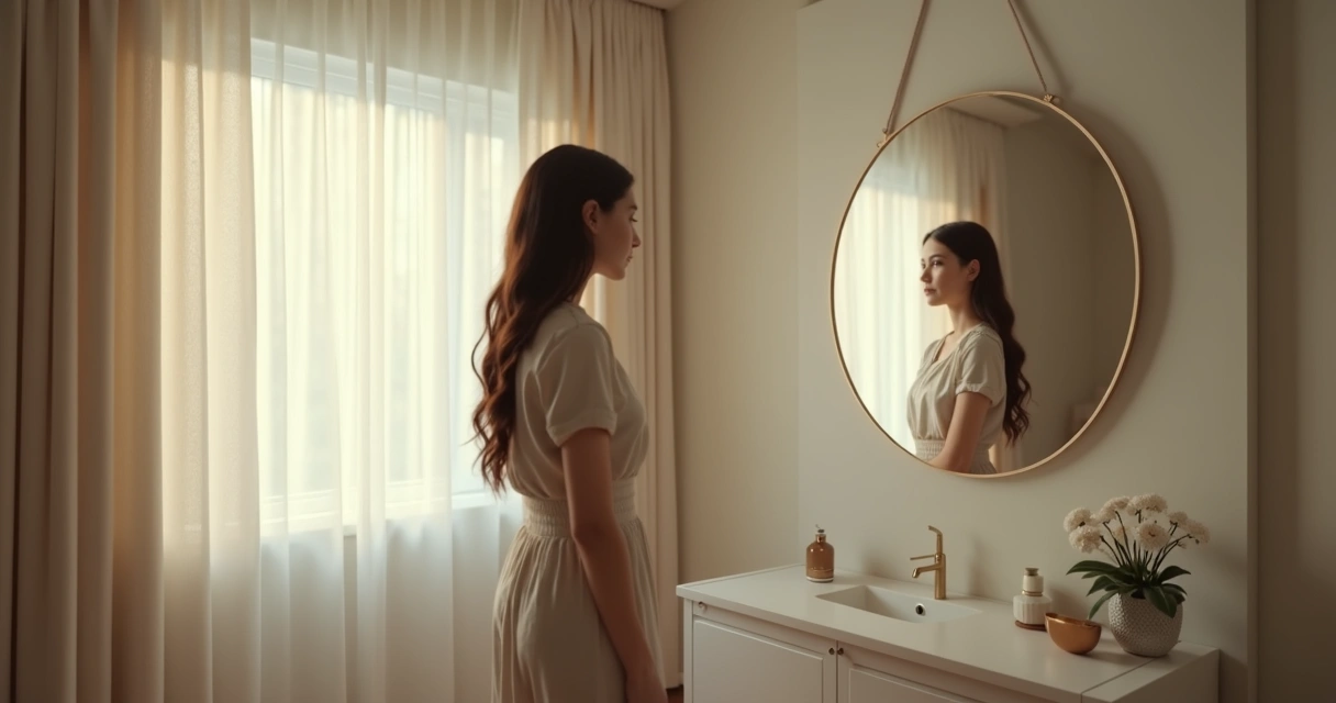 Mujer observando su reflejo en un espejo redondo