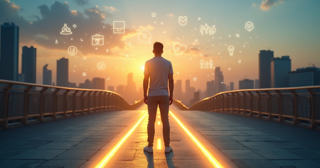 Persona reflexionando frente a dos caminos luminosos que representan decisiones importantes 