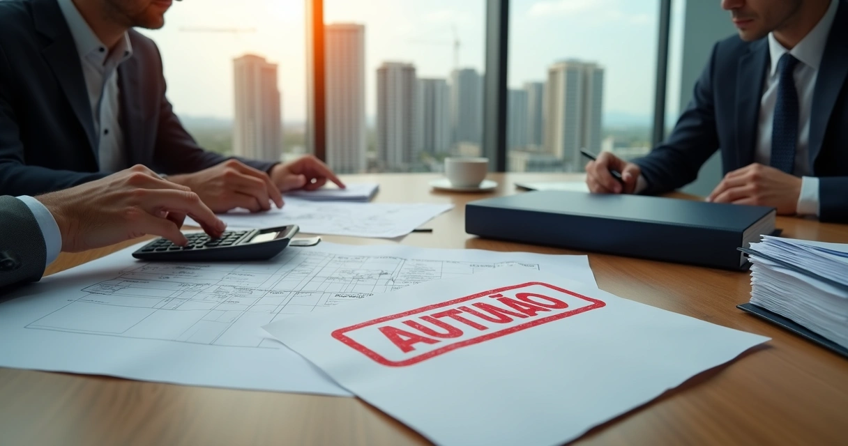 Mesa de reuniões com profissionais analisando notificação de autuação fiscal de obra 