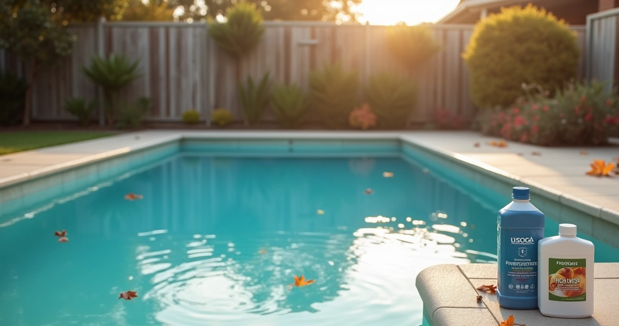 Suburban backyard pool in early autumn light with subtle algae patches and falling leaves 