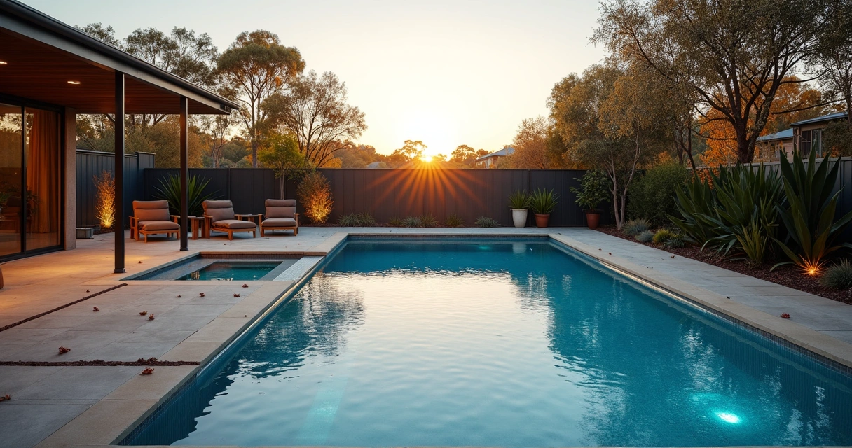 Modern backyard pool on a cool autumn evening with subtle liquid pool cover effect 