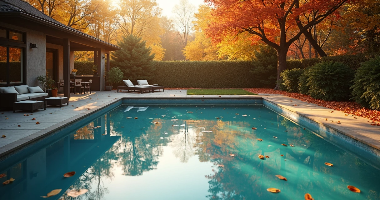 Backyard pool in autumn, sunlit water reflecting trees with fallen leaves nearby