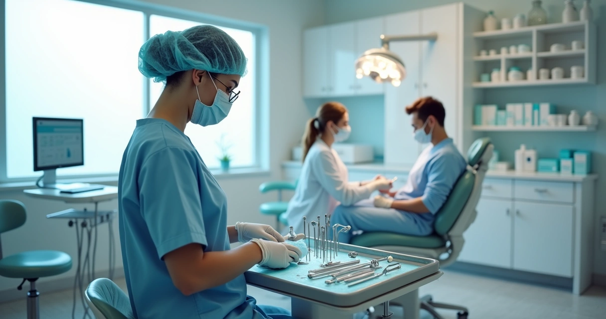 Auxiliar de dentista organizando instrumental e apoiando atendimento ao paciente na cadeira odontológica 