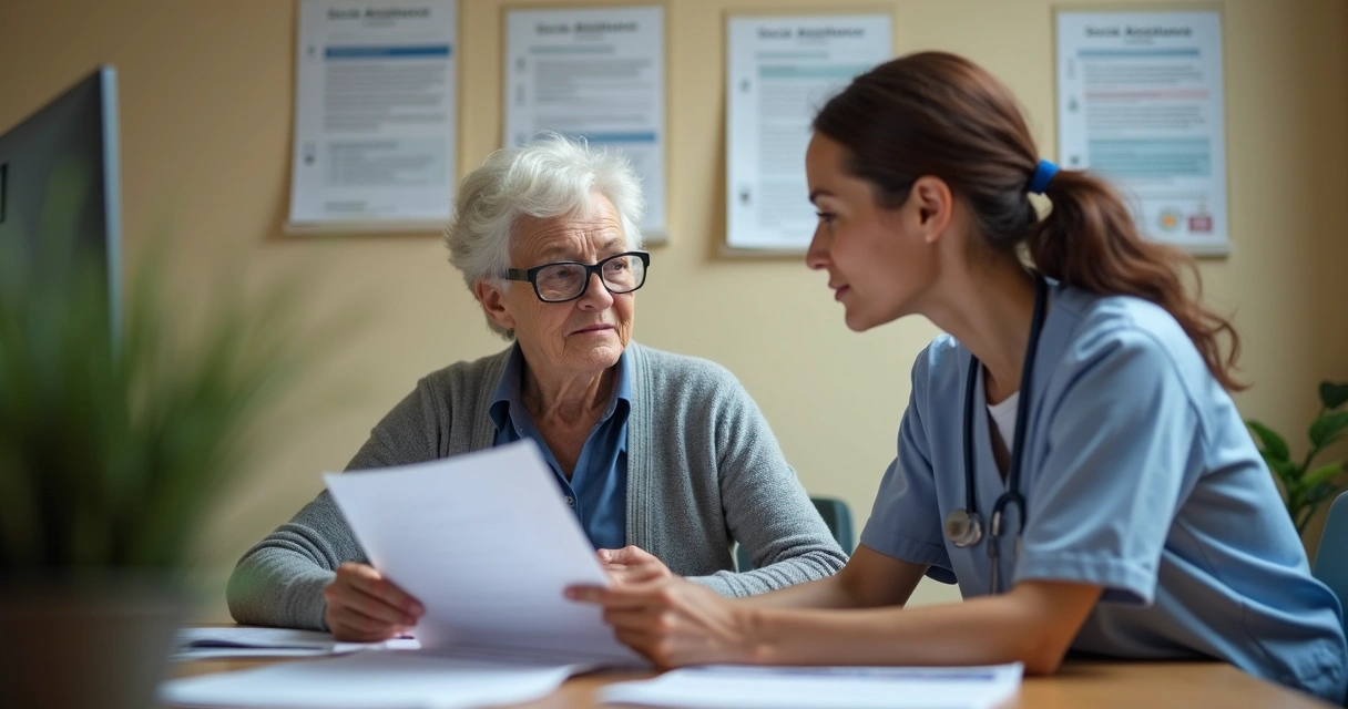 Paciente sentado com papelada, sendo auxiliado por assistente social 