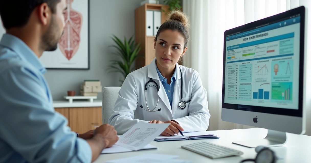 Trabalhador conversando com médica em consultório avaliando documentos para auxílio-doença do INSS 