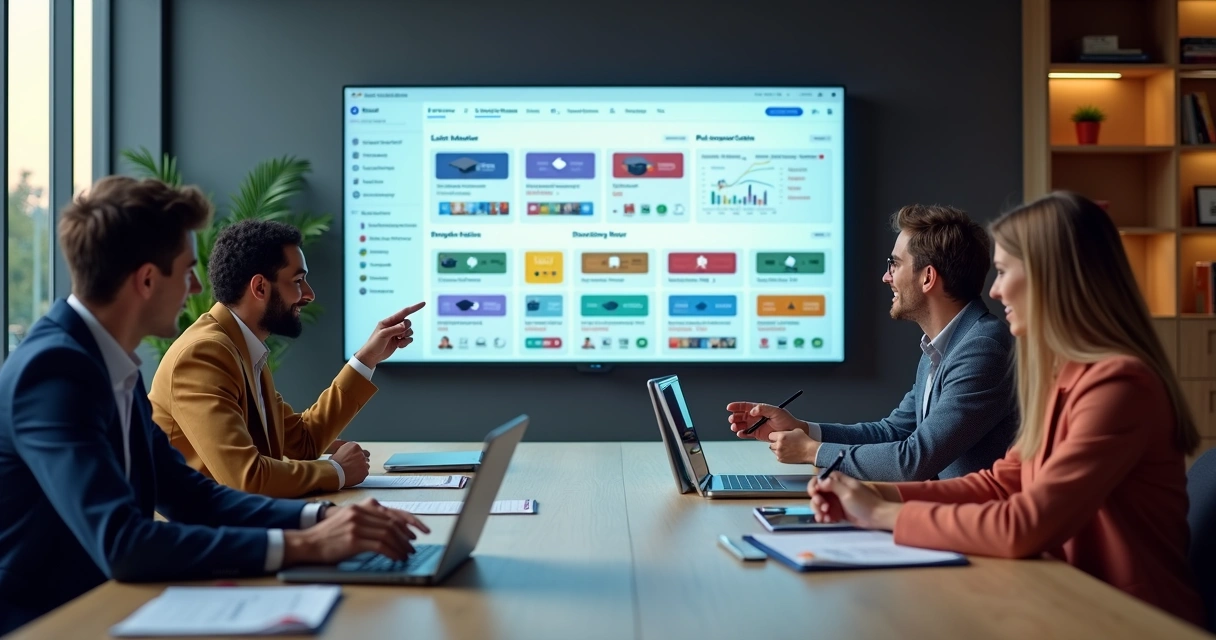 Coordenação acadêmica analisando ambiente virtual de aprendizagem em grande tela 