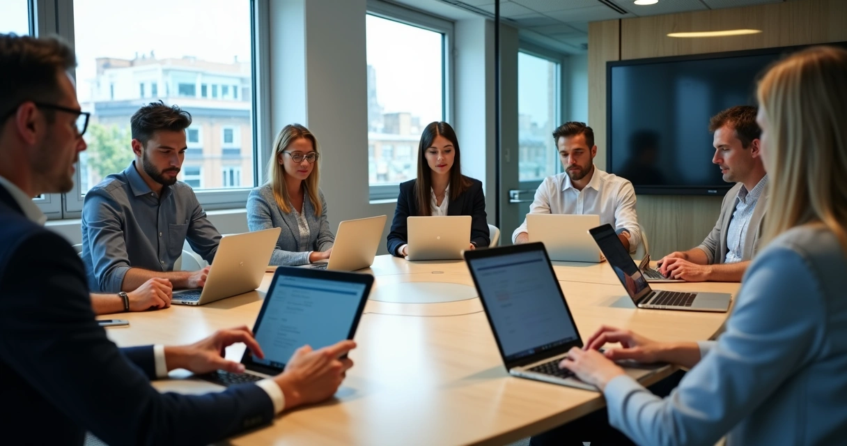 Equipe profissional participando de avaliação 360 graus em ambiente corporativo 