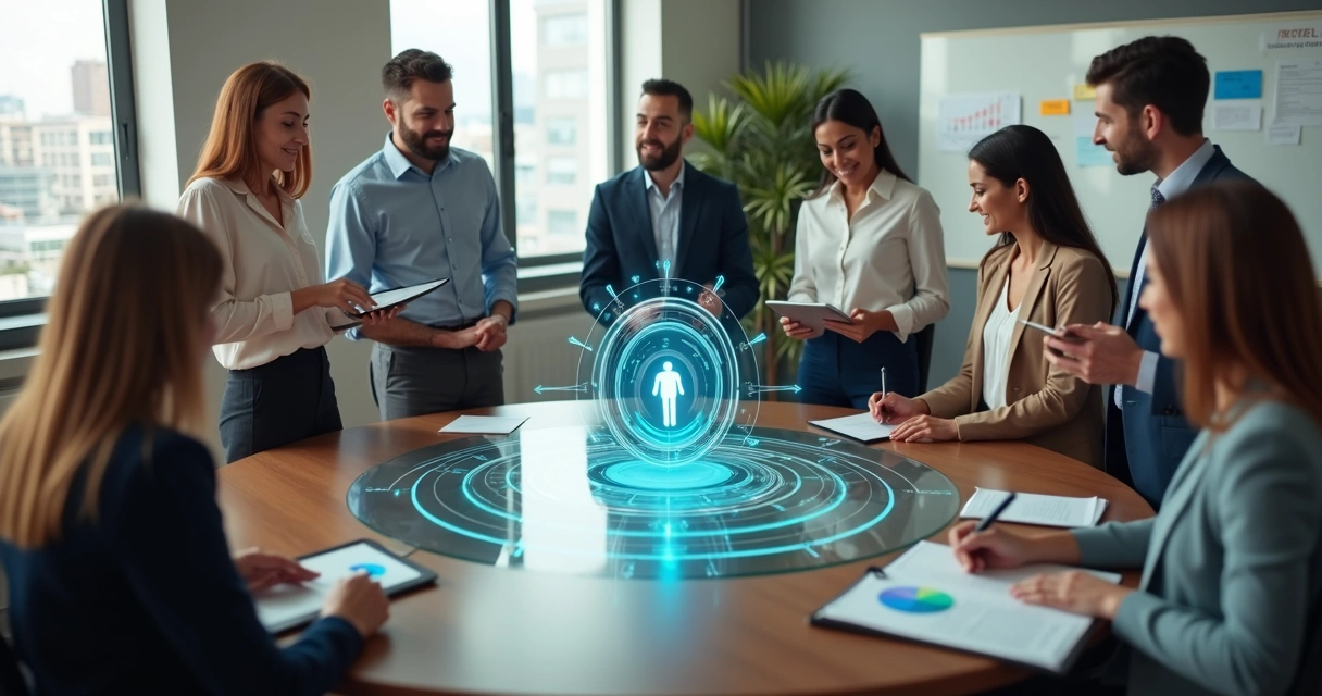 Equipe de escritório em círculo vendo painel central com avaliação 360 graus 