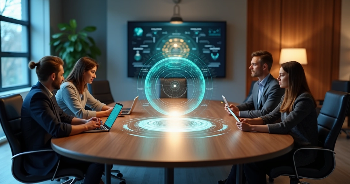 Mesa redonda com painel digital exibindo avaliação 360 com foco em consciência 