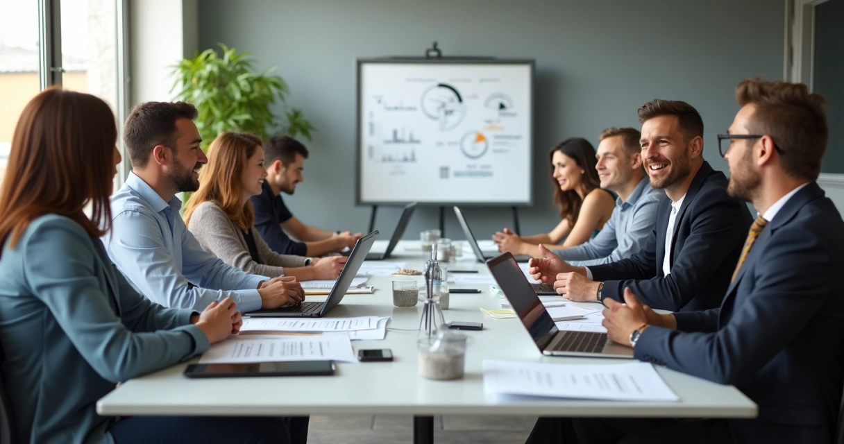 Equipe reunida em sala de reunião discutindo avaliação 360 graus
