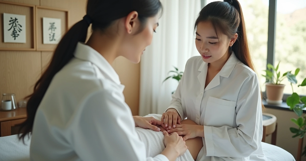 Terapeuta avaliando paciente na clínica de acupuntura, analisando sinais de estagnação de Qi 