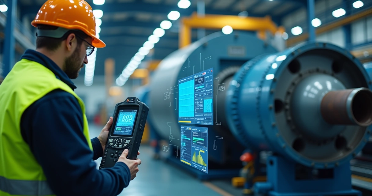 Pessoa usando equipamentos para medir ruído e vibração em ambiente industrial 